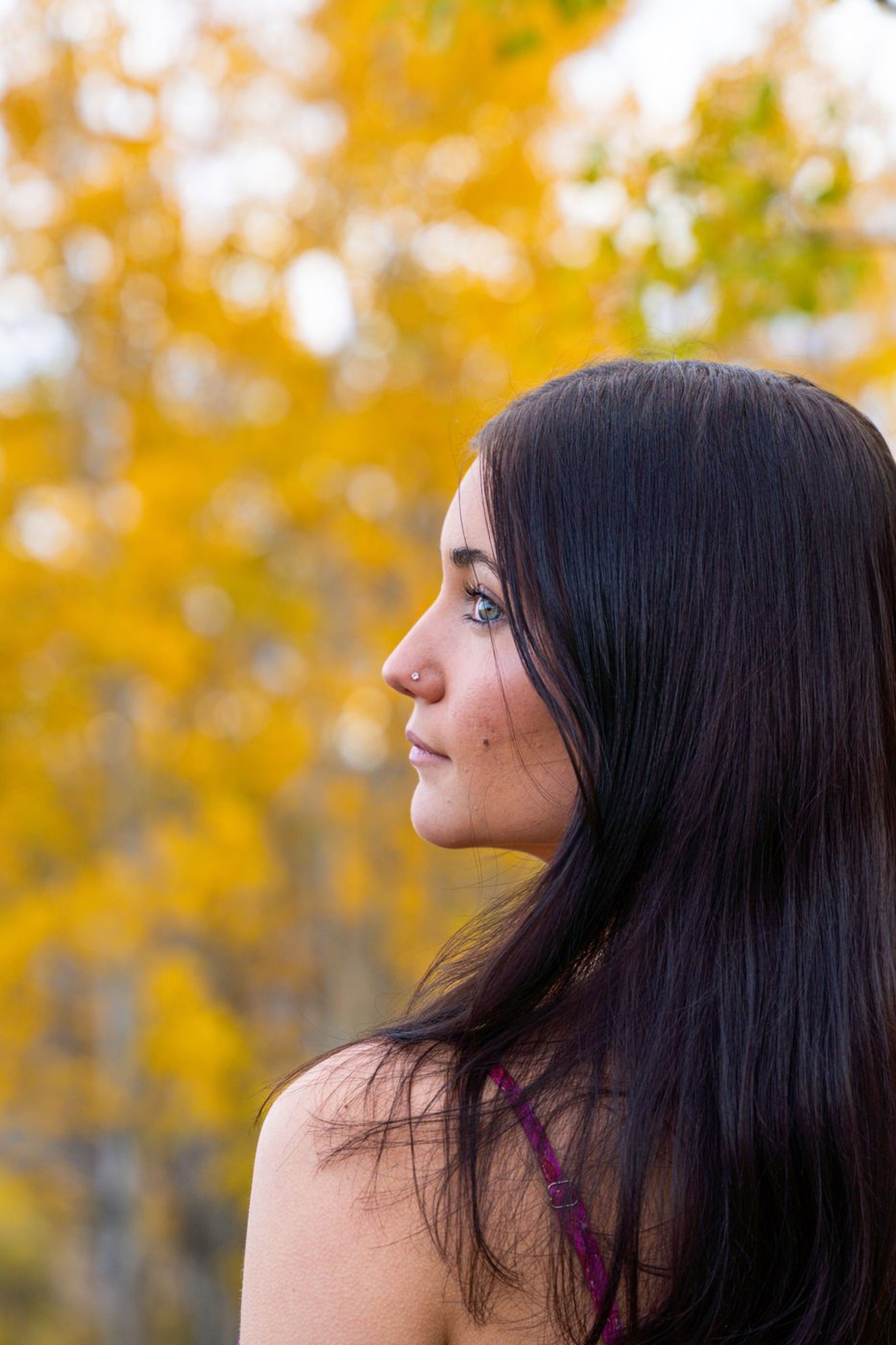Senior portrait in profile against golden autumn aspens