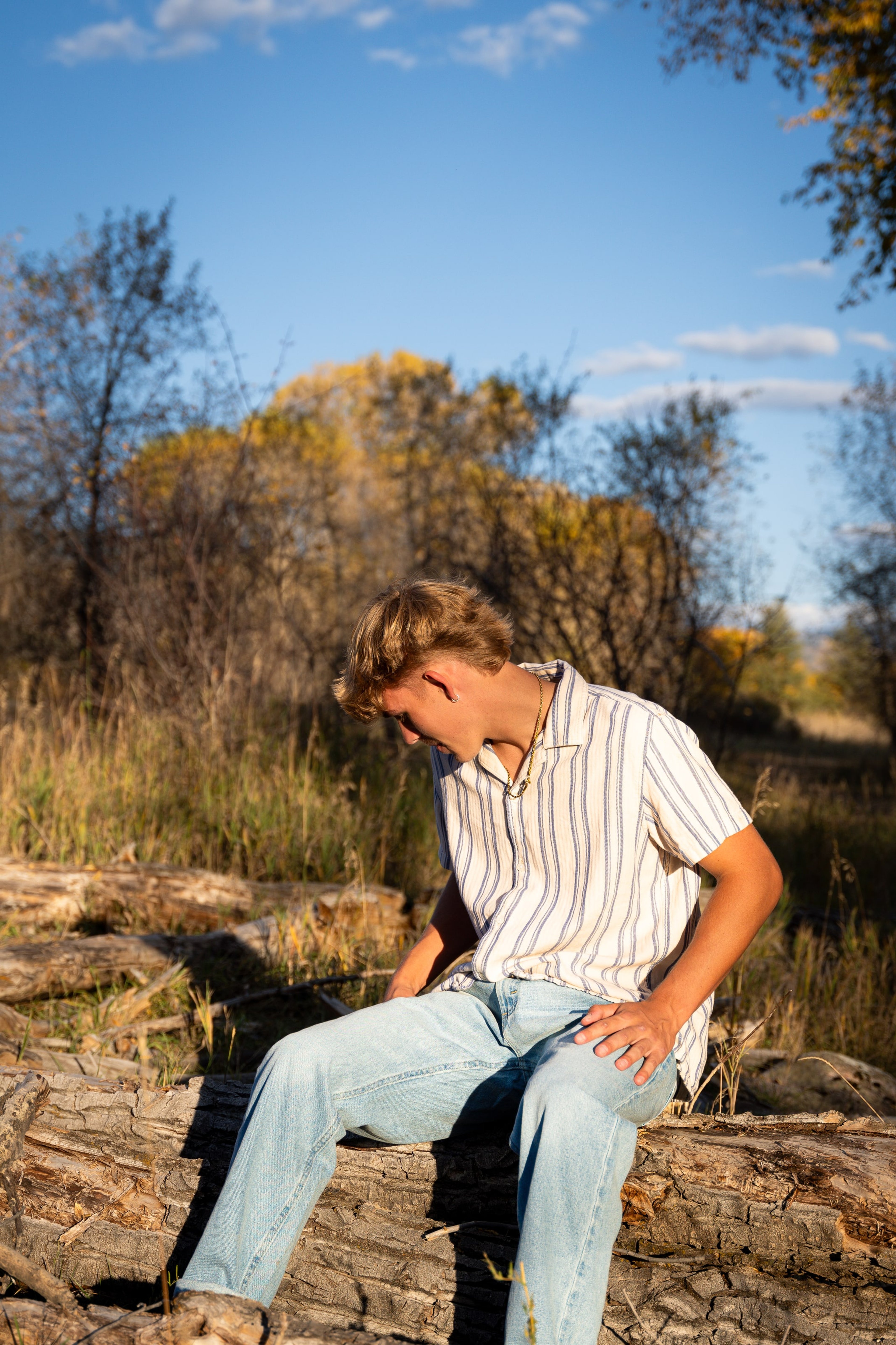 Wyat seated on a stack of weathered logs, looking down