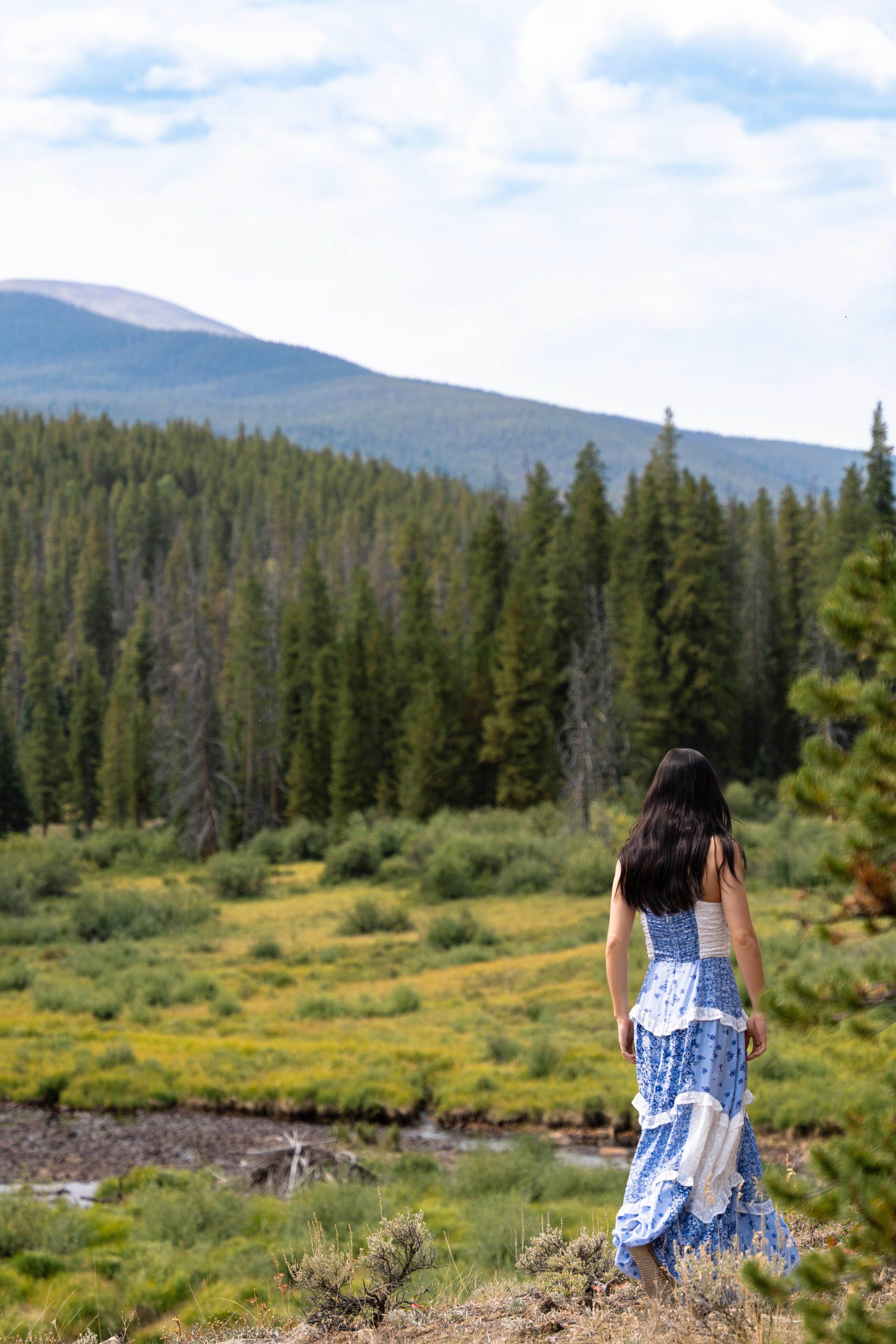 Lucy in a blue dress standing in a green mountain meadow