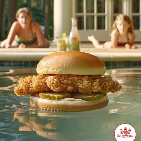 a savory and crispy chicken sandwich, at the bottom of a pool with children floating in the distant background, a fountain drink cup with the text "SanityPress" in the back, product shoot