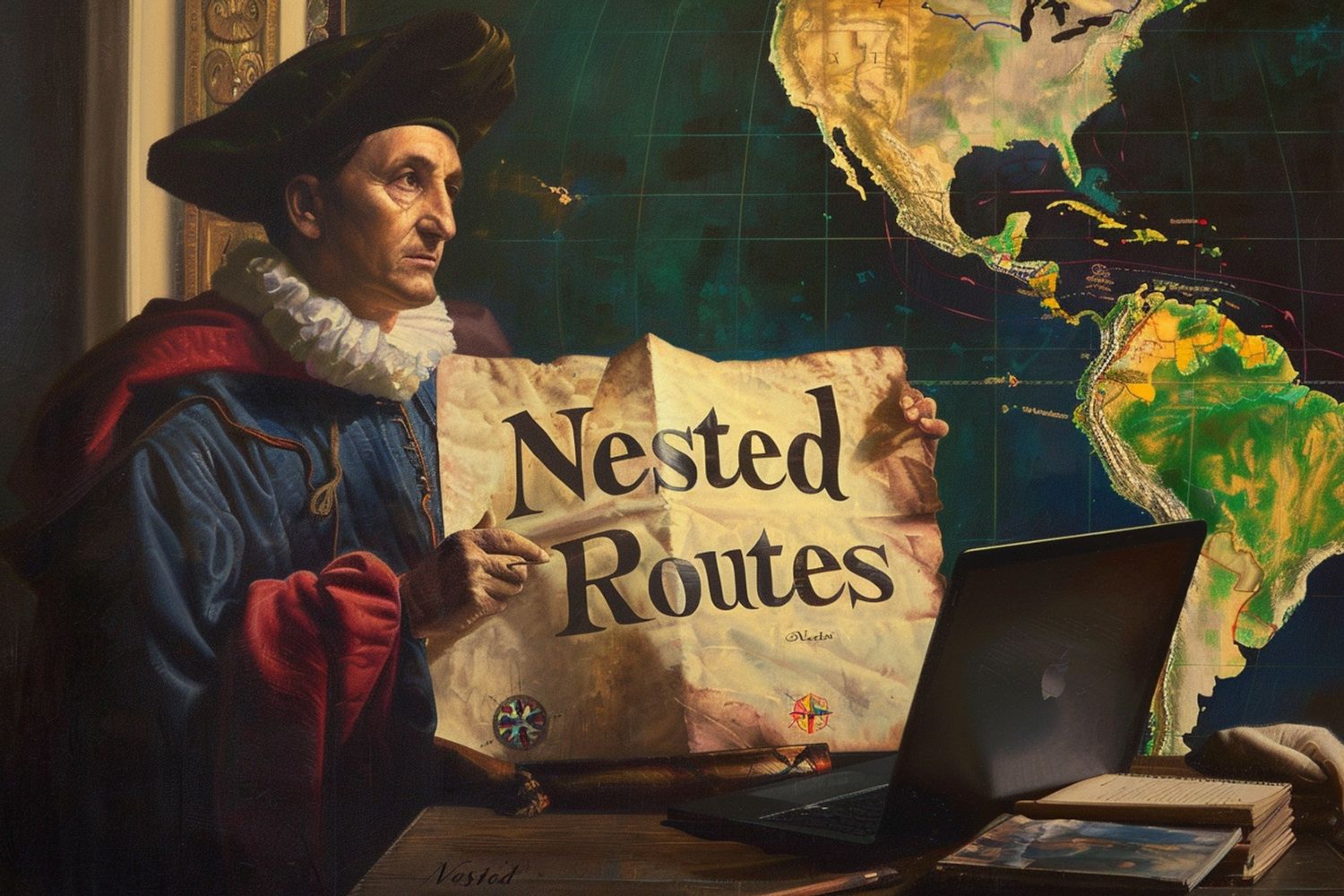 Christopher Columbus holding a world map with large text "Nested Routes", a Macbook on the table beside him, bright oil painting by Michelangelo