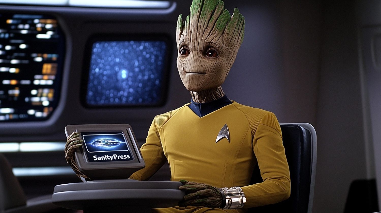 Groot wearing a yellow Star Trek suit showing a hologram with the logo "SanityPress", 70s tv film still from Star Trek series