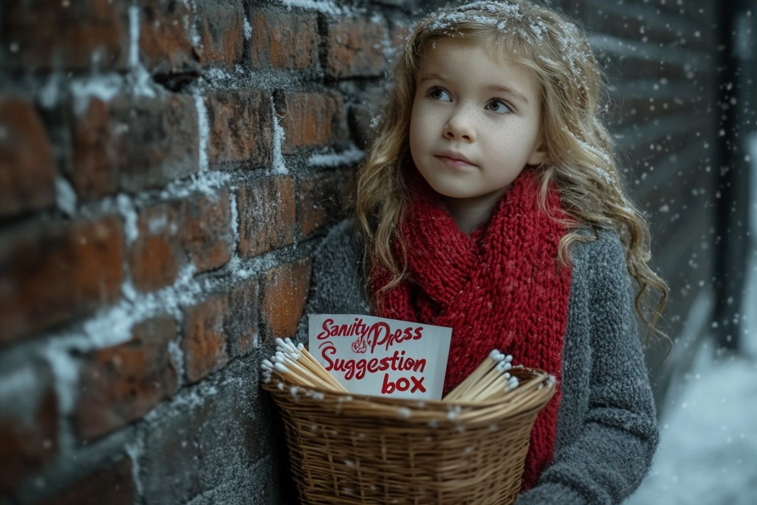 a cute little blonde wavy-haired 12-year old girl wearing a gray sweater and a red scarf, sitting against a brick wall during a blizzard mid-winter night, holding a basket of matches with the text "SanityPress Suggestion box", desperate and demanding expressions, Leica colored film 4k