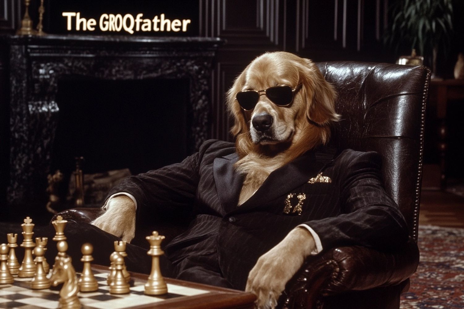 golden retriever wearing sunglasses and a mafia suit sitting in front of a chess board sitting in the godfather's chair, with the text "The GROQfather" in the room background, film still from the movie Godfather