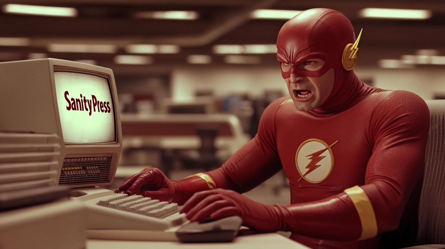 The Flash wearing his spandex suit, enraged and typing on an old Macintosh computer with the text "SanityPress" on the screen, in a Los Angeles office space, 60s film still