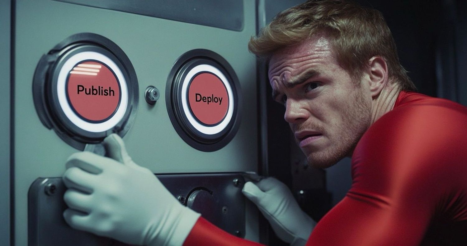 a blonde man wearing red spandex and white gloves looking at two large circular buttons with the text "Publish" and "Deploy", he looking extremely confused and is profusely sweating, sitting in a nuclear facility room, Hasselblad 4k film still