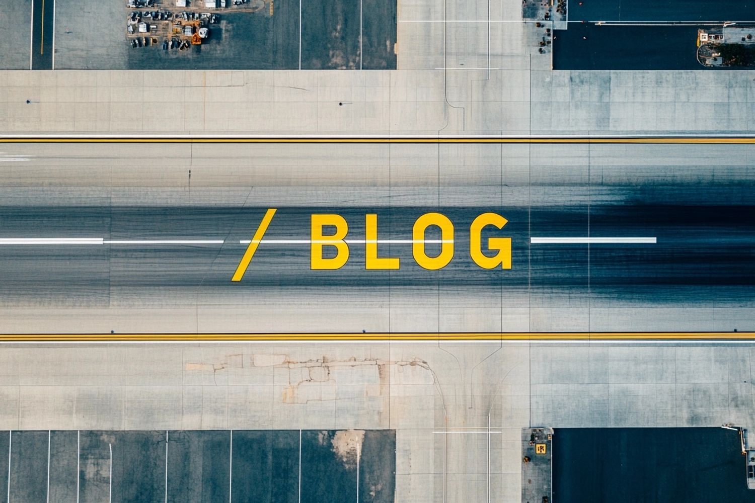 top-down aerial drone view of LAX runway with the text "/ BLOG" (forward slash), IMAX 70mm