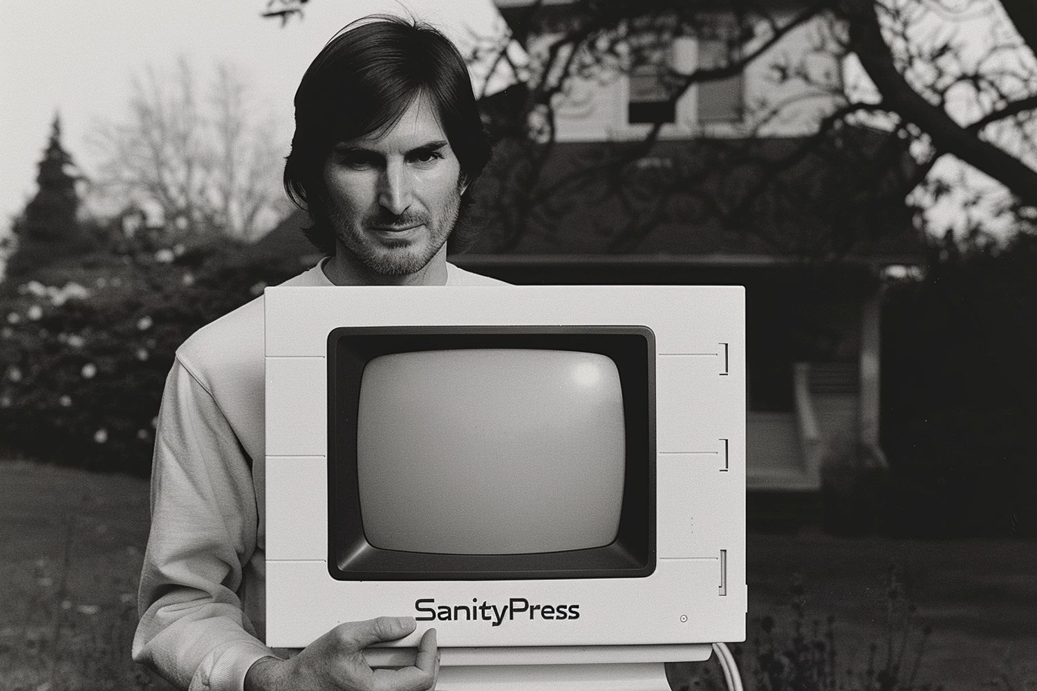 young Steve Jobs holding the original Macintosh, the text "SanityPress" on the screen, 1980s film still