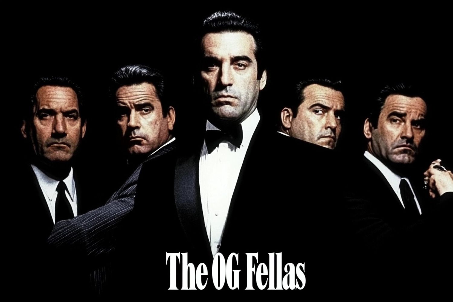 mafia wearing a pinstripe tuxedos with the "The OG Fellas" film still from the Good Fellas