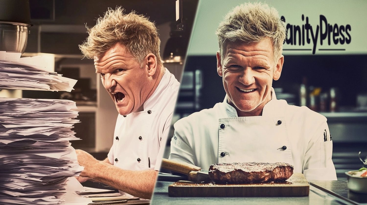 diagonally divided image showing two contrasting sides: one side with a yelling Gordon Ramsay at a desk with papers piled high. the other side with a happy and smiling happily Gordon Ramsay cooking delicious steak with the sign "SanityPress" in the kitchen background