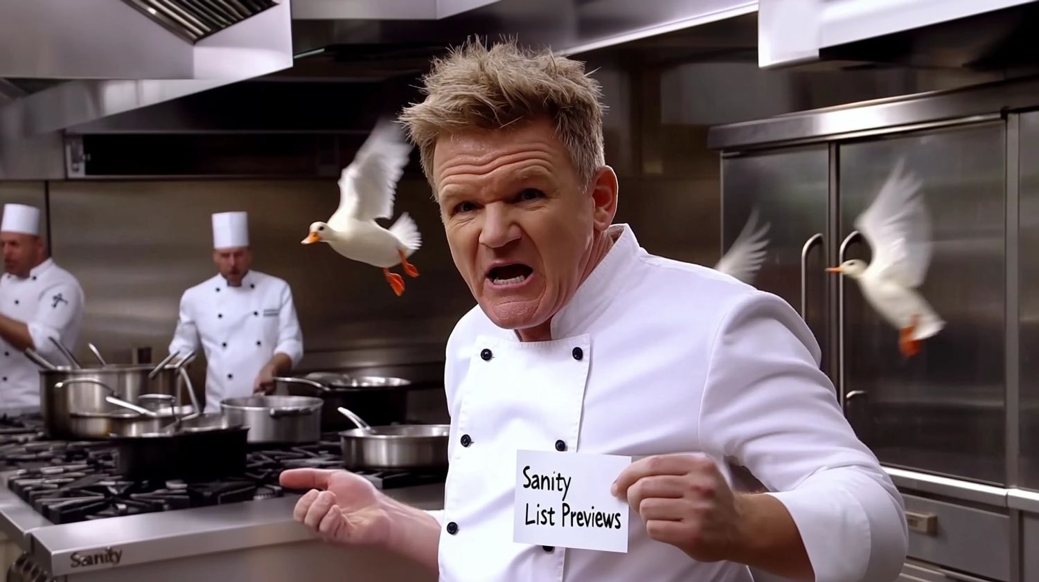 Gordon Ramsay yelling and aggressively holding a post-it note with the text "Sanity List Previews" and pointing with his finger, live ducks flying chaotically in the background, in a brightly lit kitchen, tv series Hasselblad