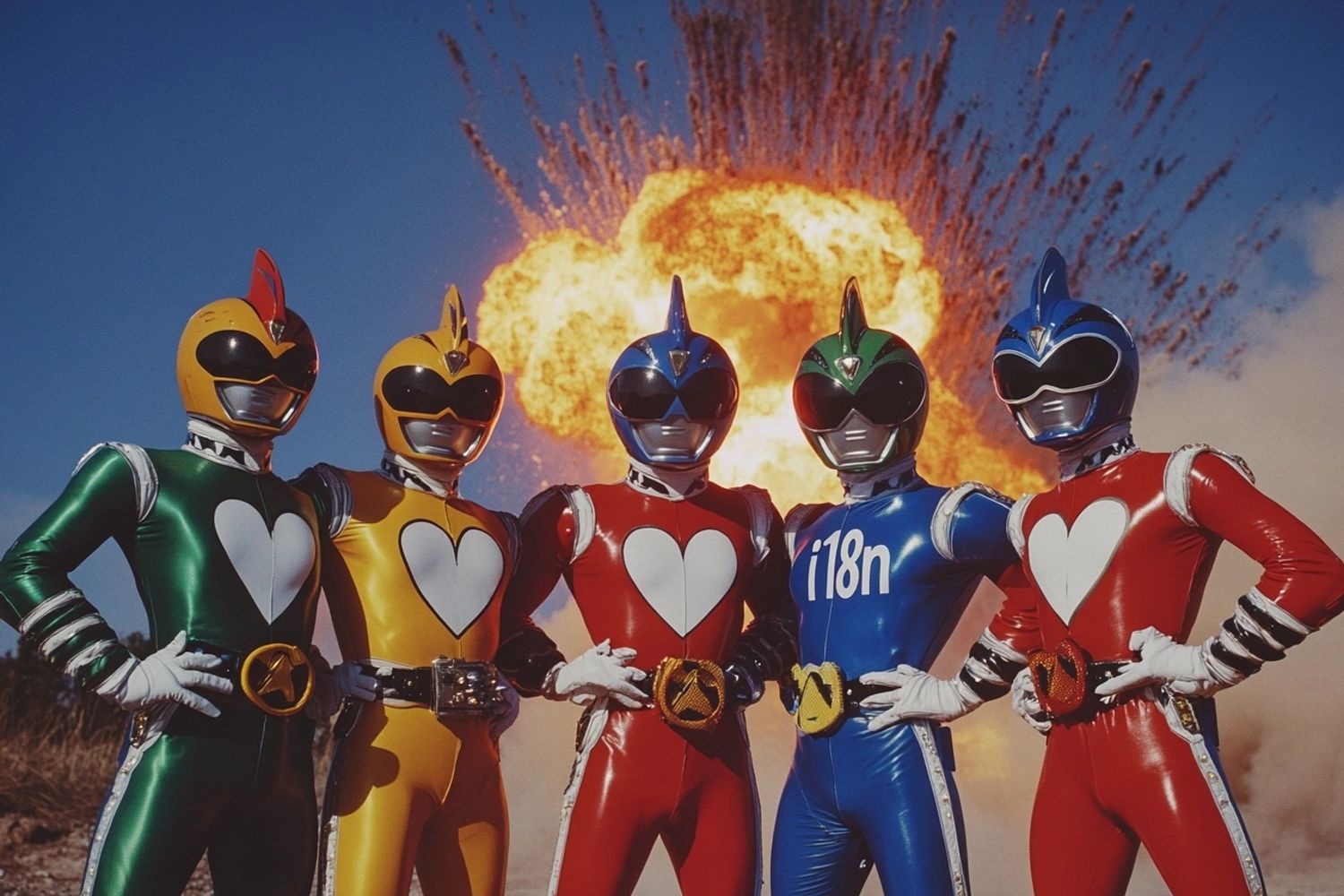 four power rangers (red, green, blue and yellow) posing with white hearts and the logo "i18n", comical explosion in the background, technicolor 1960s film