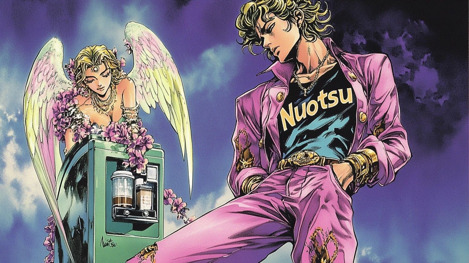 a young heroic male wearing baggy trousers and a shirt with the text "Nuotsu", bowing next to a Nespresso machine, a glowing neon nymph angel beside him, Jojo style art by Araki Hirohiko