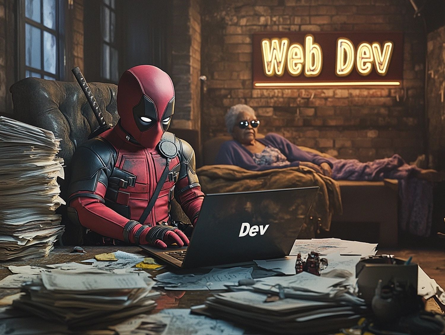 a newborn wearing a Deadpool suit diligently typing on a Macbook in an old cluttered dirty New York apartment room, stacks and piles of paper surrounded by him, a black grandma wearing sunglasses sleeping on the couch in the distant background, neon signs "Web Dev" in the background, IMAX 4k film still from a Marvel movie