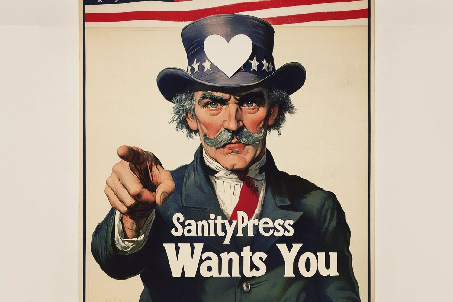 Uncle Sam with the text "SanityPress Wants You", a white heart on his hat, vintage poster