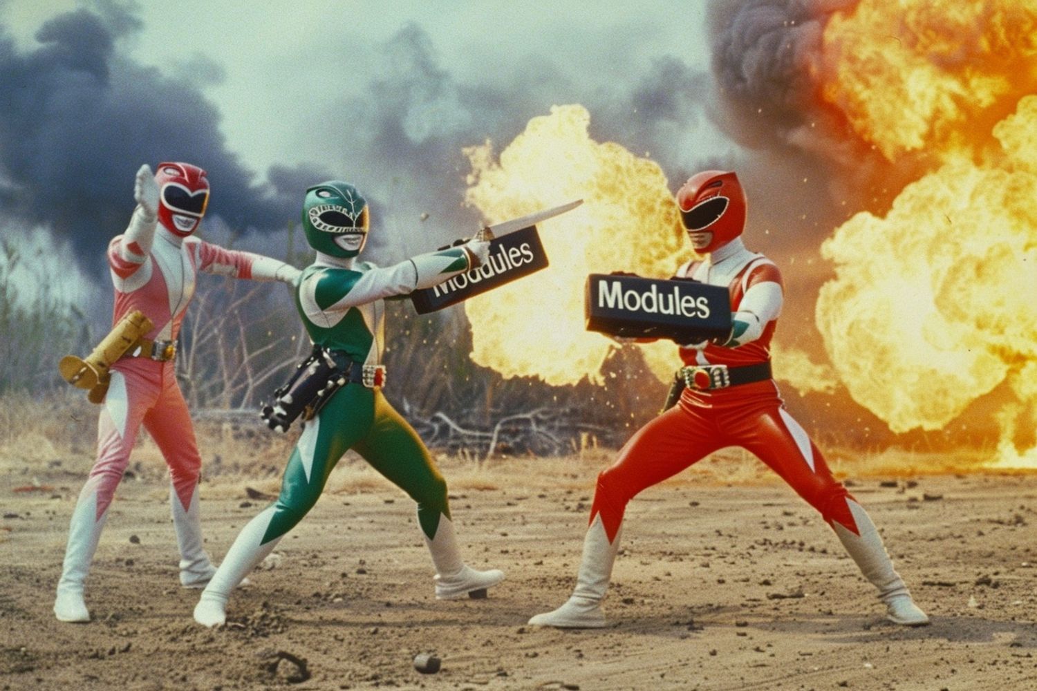 original power rangers posing exaggeratedly with an belts reading "Modules", comical fire explosion in the distant background, vintage 80s technicolor movie film still