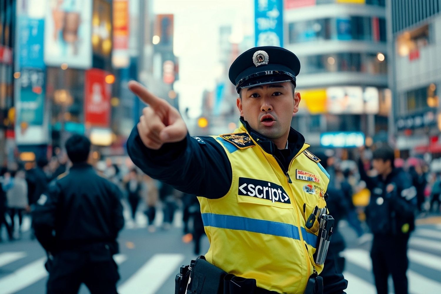 traffic officer wearing a yellow jacket with the text "<script>" aggressively pointing in different directions and breakdancing in the middle of a busy intersection in Shibuya Tokyo, 4k Hasselblad