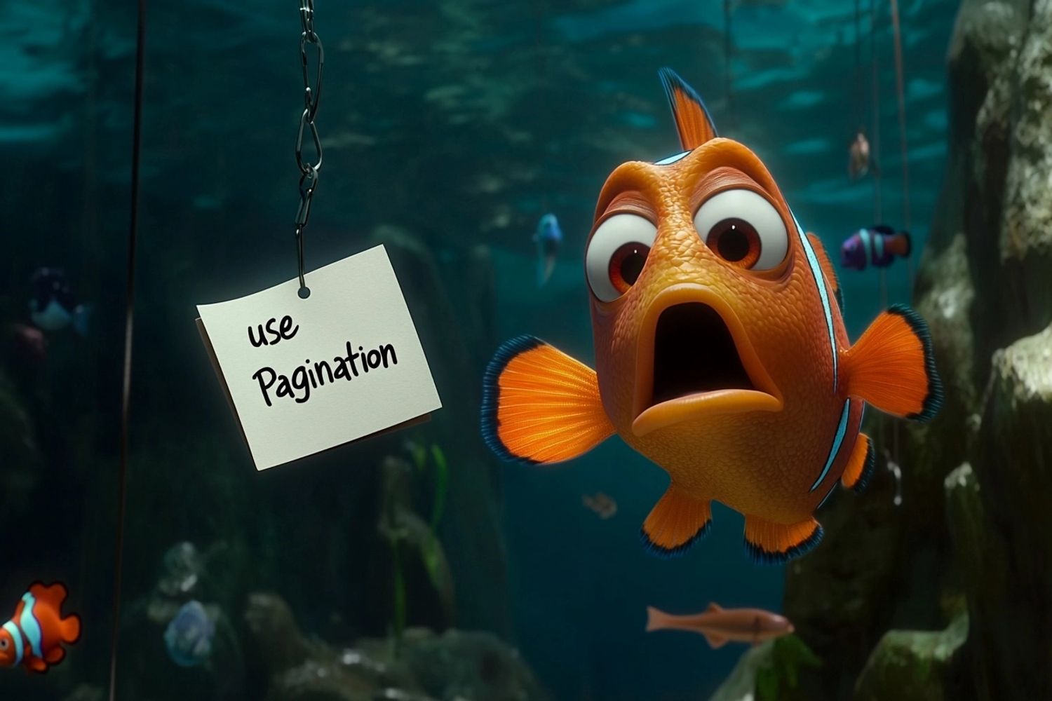 a shocked ugly fish holding a sticky note with the text "usePagination", next to a fishing hook underwater, film still from the 3D animated movie Finding Nemo