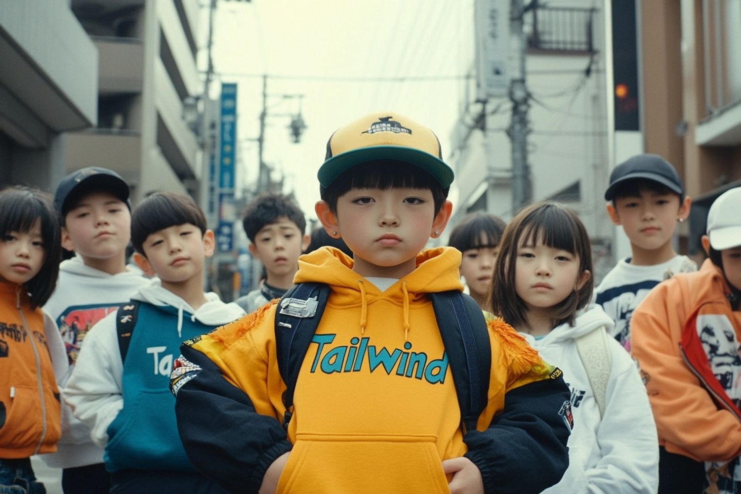 a young gang of Japanese kids in color and hipster street clothing with the text "Tailwind 4" in teal and dark turquoise themes, in the streets of Harajuku japan, IMAX 70mm