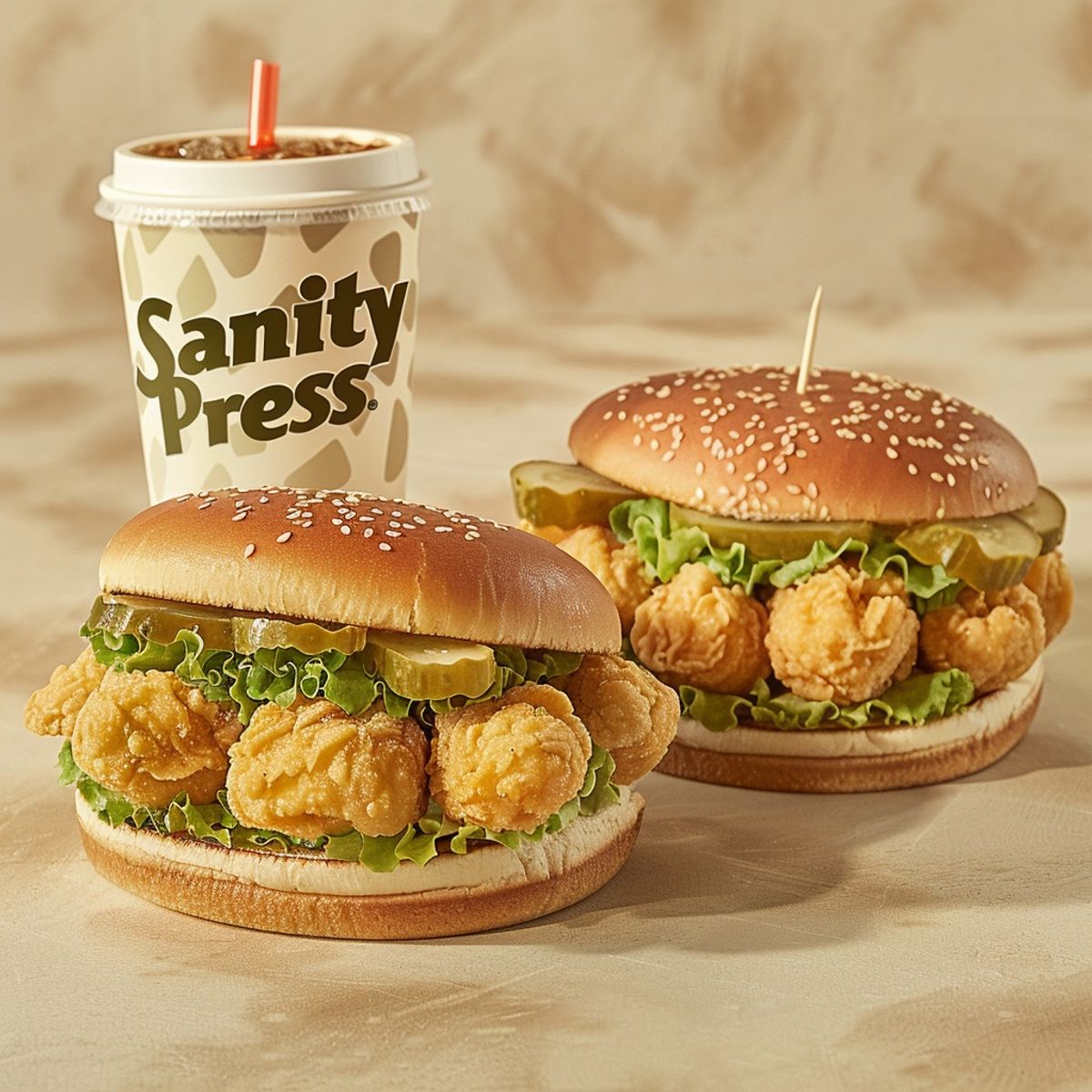 a savory and crispy chicken sandwich, placed on a 70s commercial vibe backdrop, a fountain drink cup with the text "SanityPress" in the back, product shoot