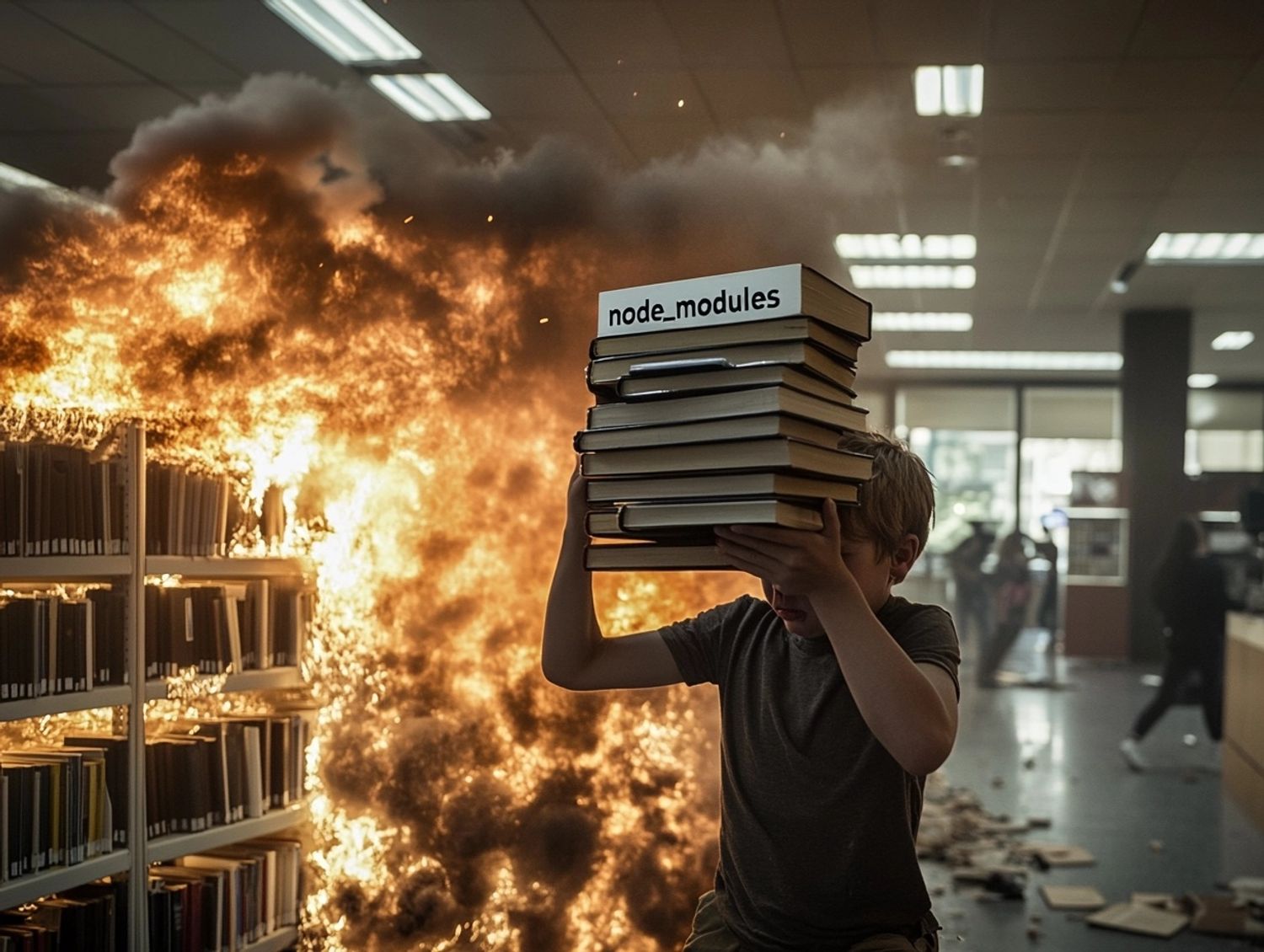 a kid balancing and holding a large stack of books titled "node_modules", crying and in tears in a library engulfed in flames and explosions in the background, Hasselblad