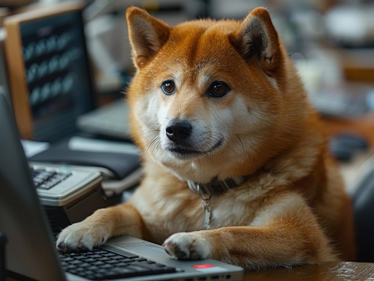 a aggressively irritated Doge awkward shibainu dog, typing on a Macbook, in a corporate office cubicle space, cool colors, DVD screen grab from 90s action flick