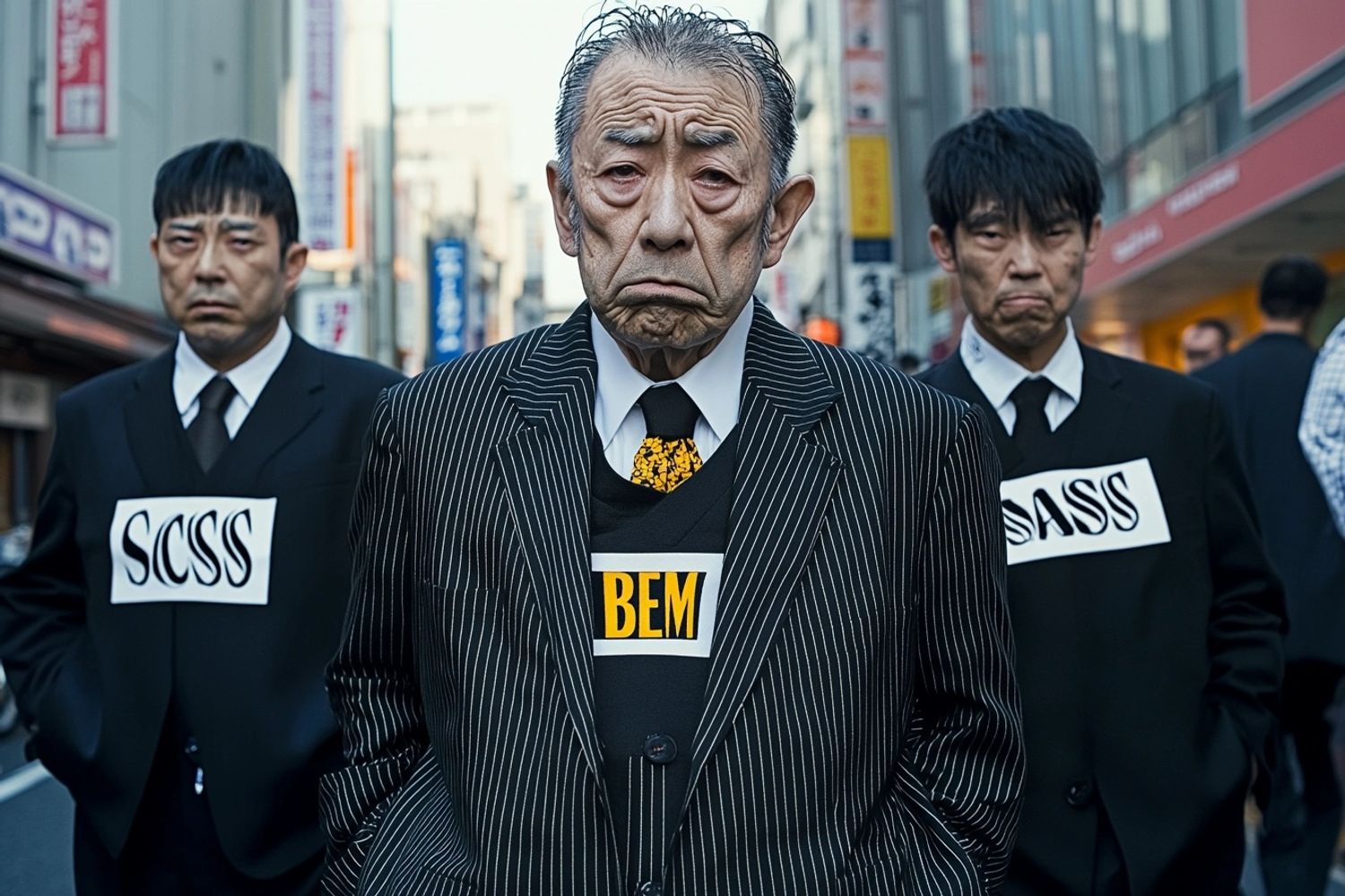 a young gang of 90-year old Japanese Yakuza wrinkly and unhealthy grandpas with gray hair, wearing the text "SASS" "SCSS" and "BEM" in dark pinstripe suits, in the streets of Harajuku japan, IMAX 70mm