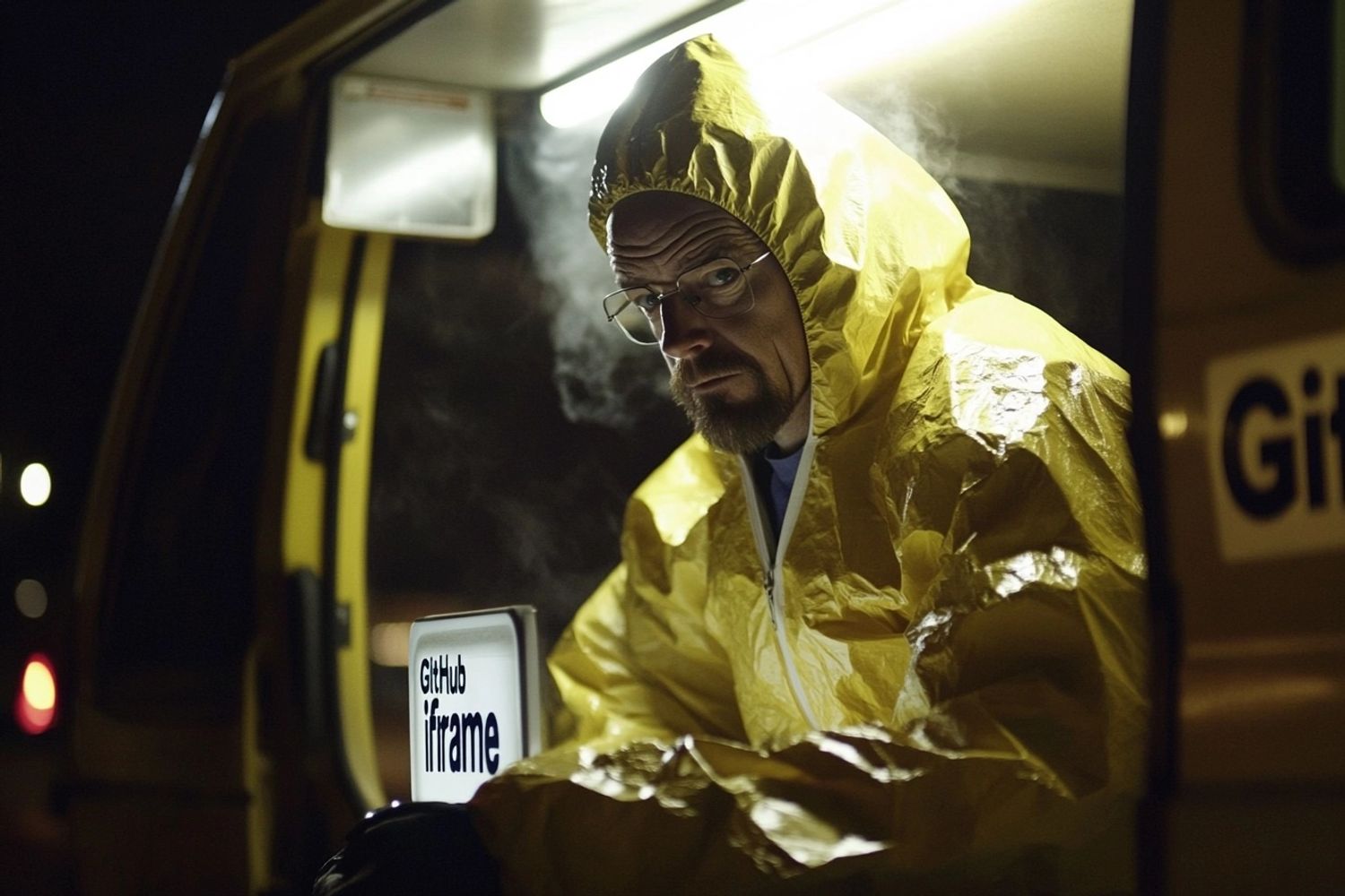 Walter White working in a van wearing a yellow hazmat suit with the text "GitHub iframe", scene from the tv series Breaking Bad