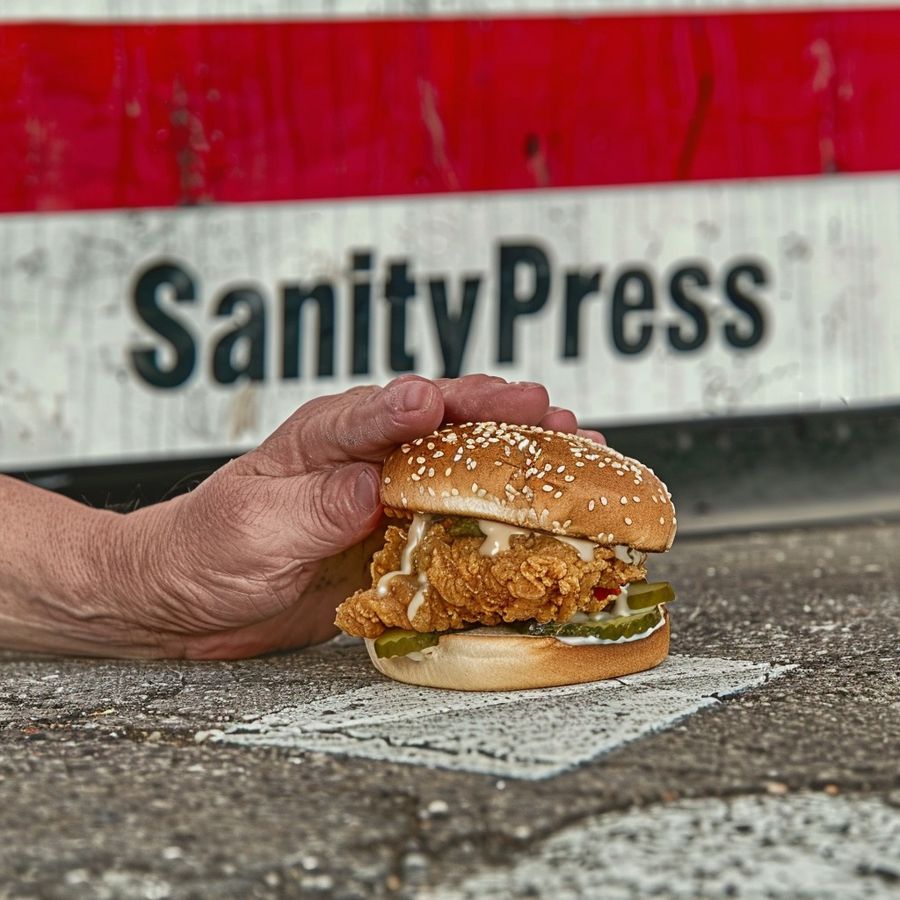 a savory and crispy chicken sandwich, next to a bare human foot on asphalt, a fountain drink cup with the text "SanityPress" in the back, product shoot