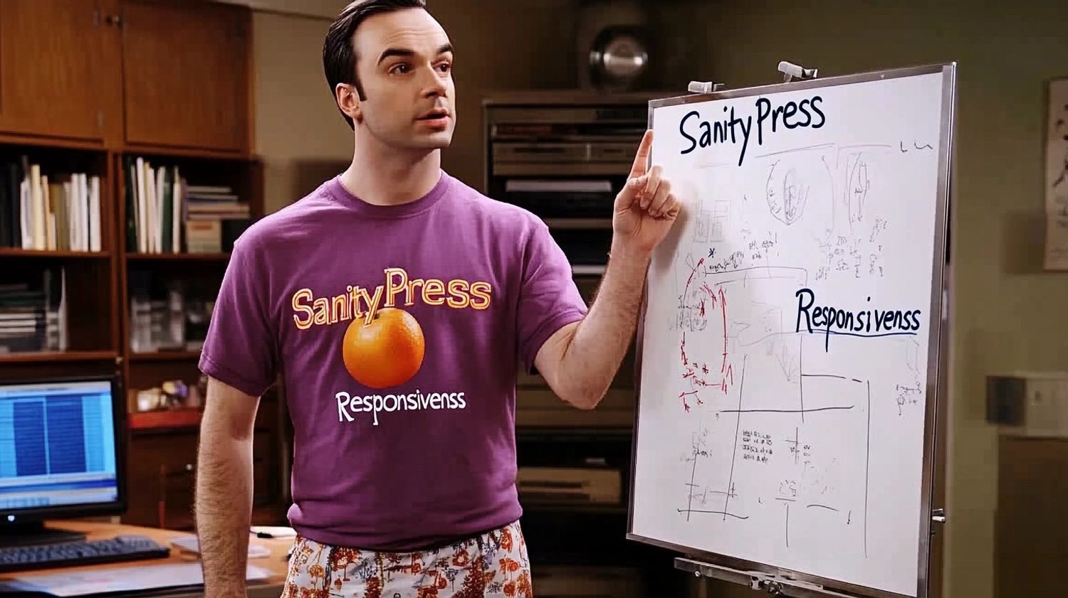 Sheldon Cooper wearing a t-shirt of an orange fruit and chekered pajama pants, pointing to a whiteboard with the handwritten marker text "SanityPress" and "Responsiveness", screengrab from the 90s tv series Big Bang Theory