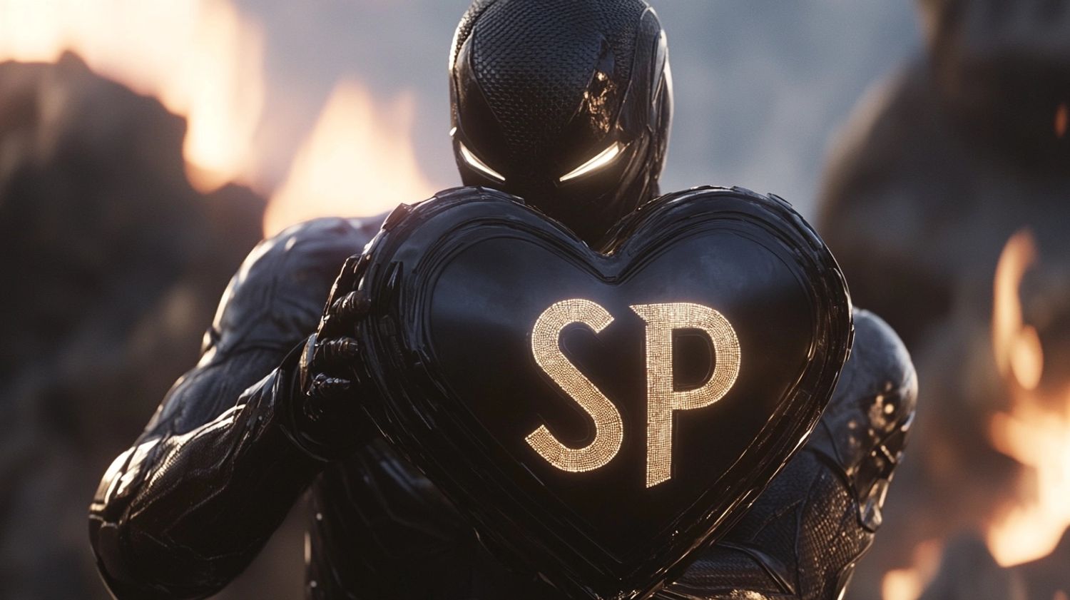 cinematic shot of a masked superhero wearing all-black metallic suit with the gold logo "SP", heroically throwing a massive futuristic black heart-shaped shield, IMAX 4k film still from the movie Avengers Endgame