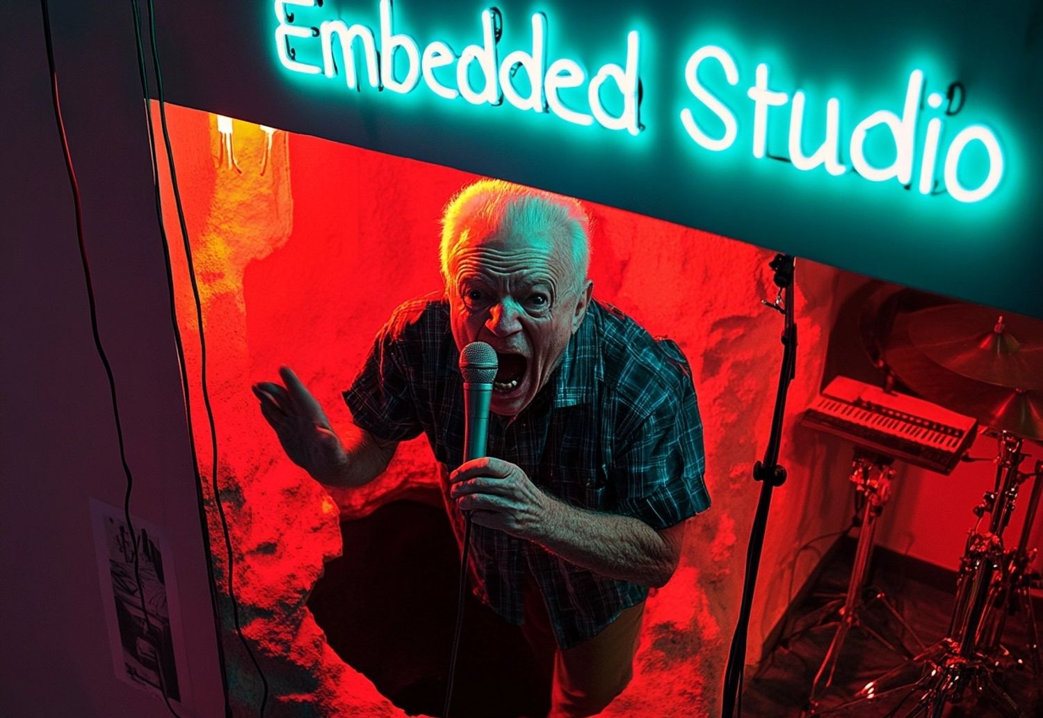 elderly caucasian man aggressively singing into a microphone inside a neck-deep hole below a fancy music studio, neon sign with the text "Embedded Studio" decorated on the walls, Hasselblad top-down view