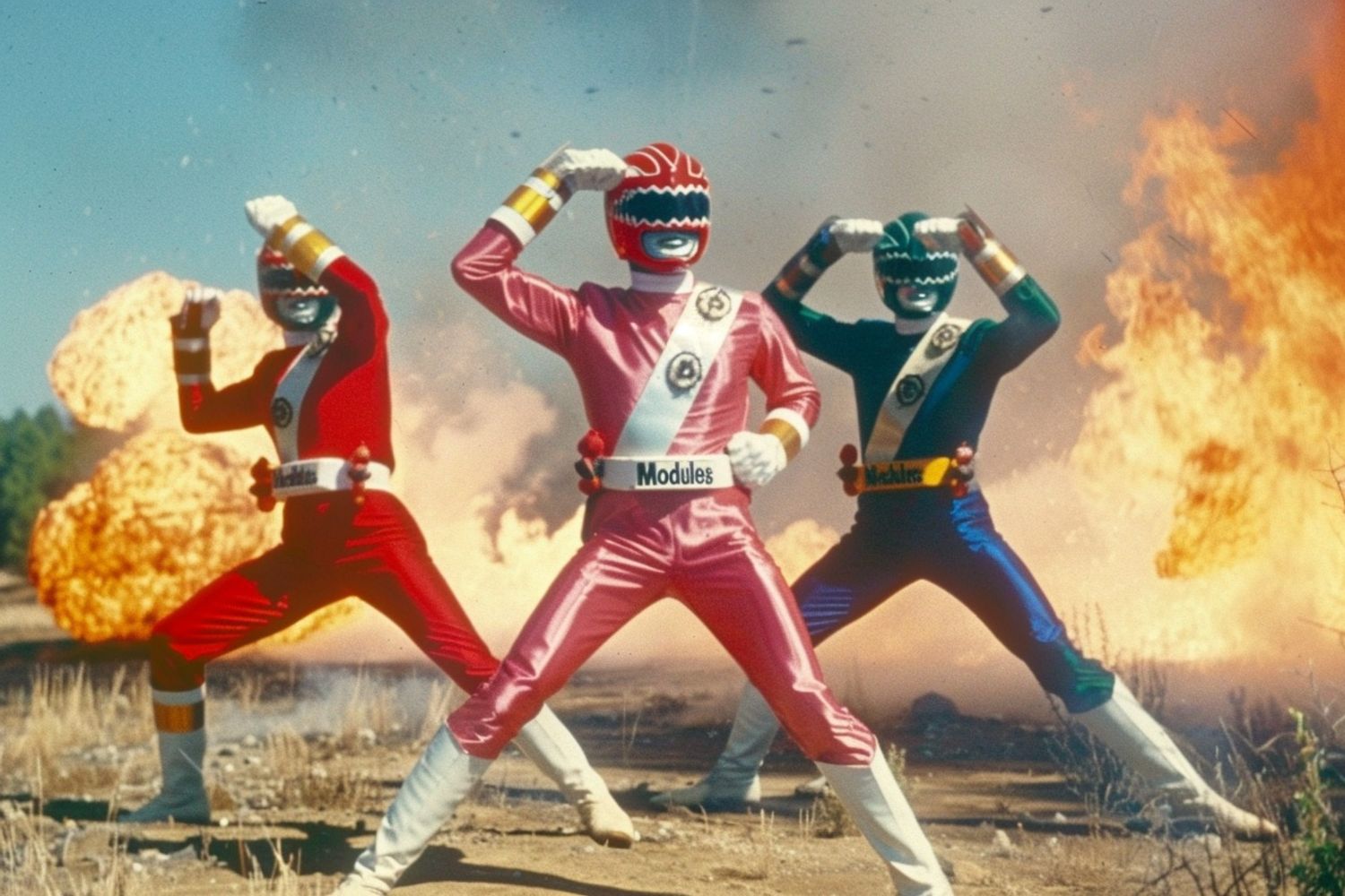 original power rangers posing exaggeratedly with an belts reading "Modules", comical fire explosion in the distant background, vintage 70s technicolor movie film still