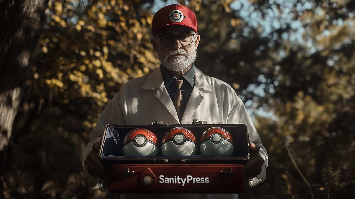 three pokéballs inside a suitcase presented by an aged professor, wearing a white lab coat, waering a red hat with the text "SanityPress", outdoor in the middle of the woods with an open canopy with sunlight, Hasselblad photography