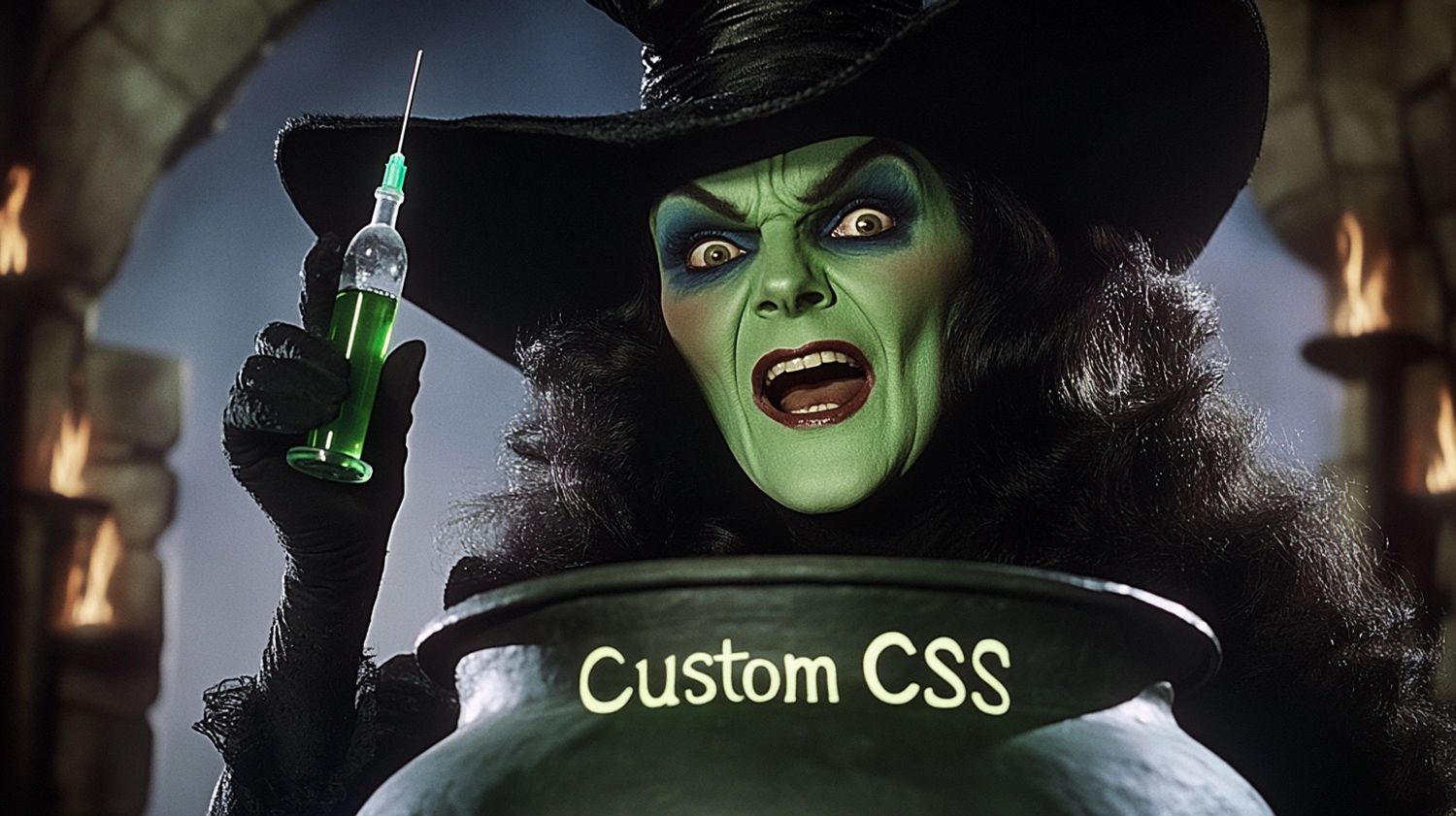 Wicked Witch holding a syringe, green liquid inside a large caudron with the text "Custom CSS" next to her, inside a dark castle, 60s film screengrab from Wizard of Oz