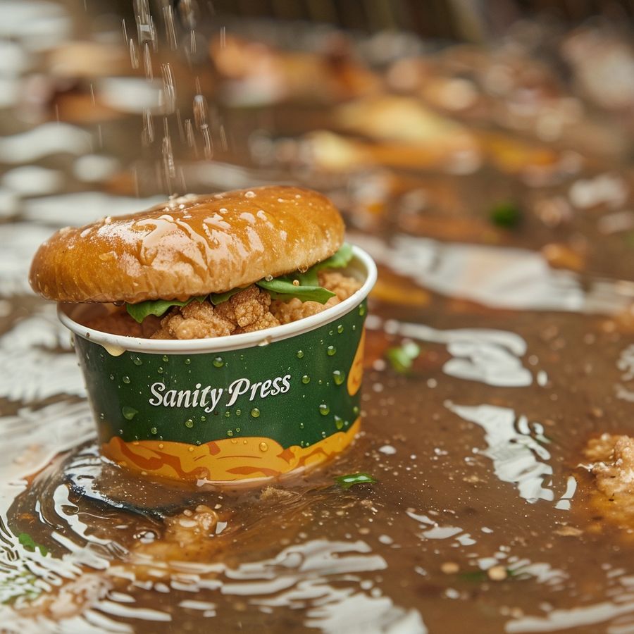 a savory and crispy chicken sandwich, in a rainy swamp, a fountain drink cup with the text "SanityPress" in the back, product shoot