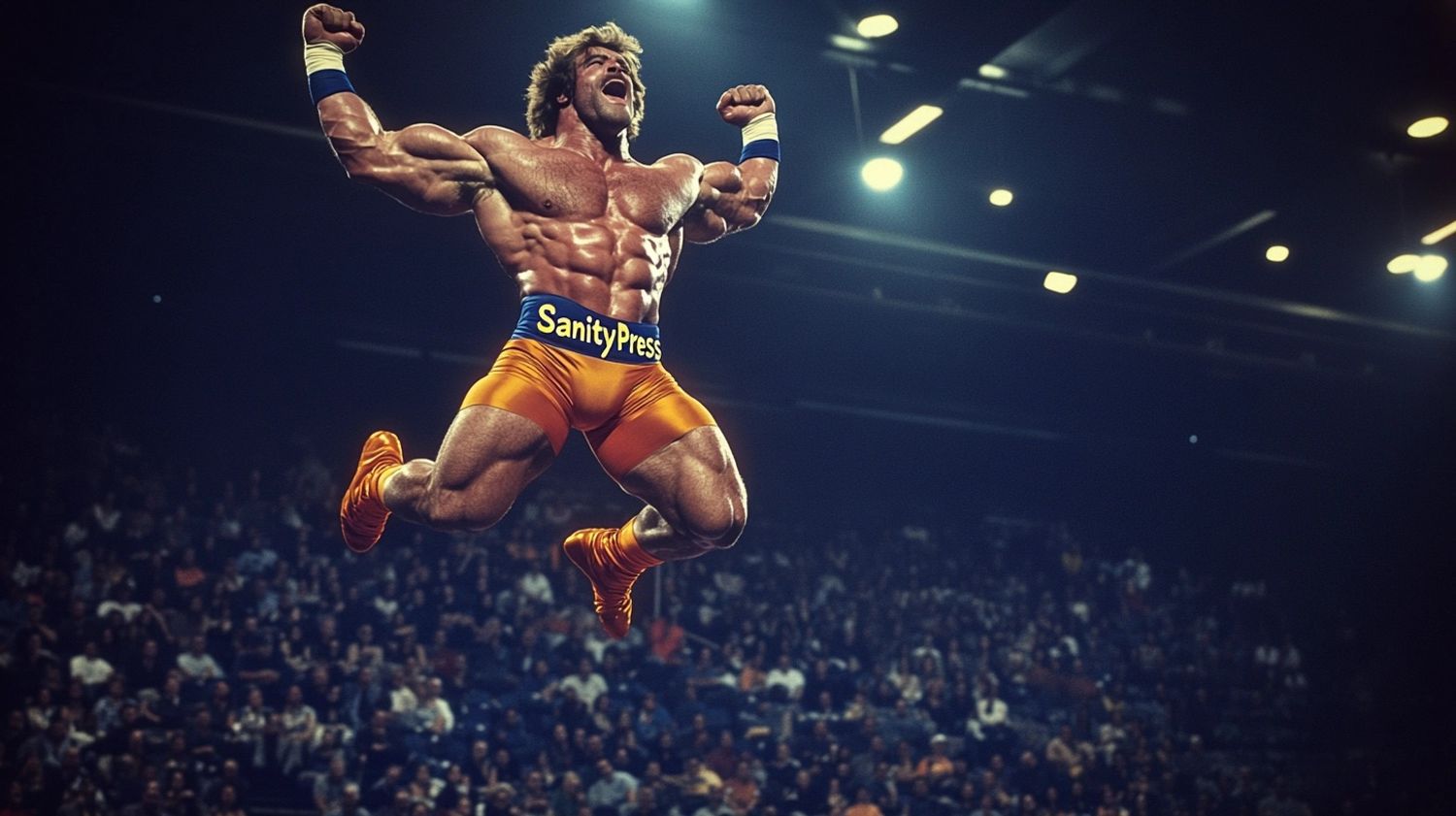 an extremely muscular WWE fighter wearing the text "SanityPress" on his heart-pattern orange shorts, jumping high onto the stage during a WWE match, dynamic Hasselblad sports photography