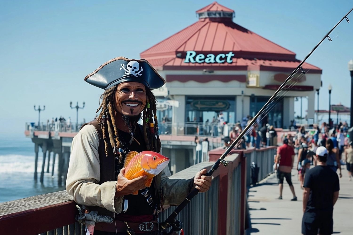 a happy Jack Sparrow holding a modern fishing rod off and a orange fish, standing next to the Huntington Beach pier, the Restaurant "React" with a red roof in the distant background, Hasselblad film still