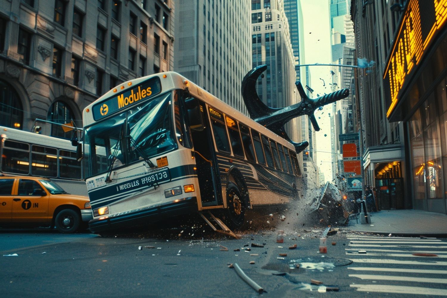 a massive ship anchor falling onto a city bus with the text "Modules" in New York, 1980s