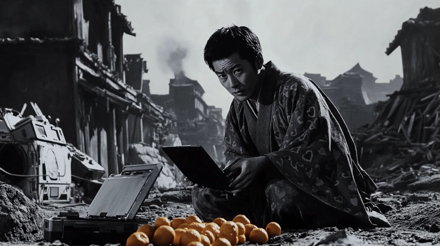 a young heroic samurai wearing a wrobe with heart patterns, picking orange fruit peels from the ground, a large furturistic time machine in the background, film still in the style of Akira Kurosawa