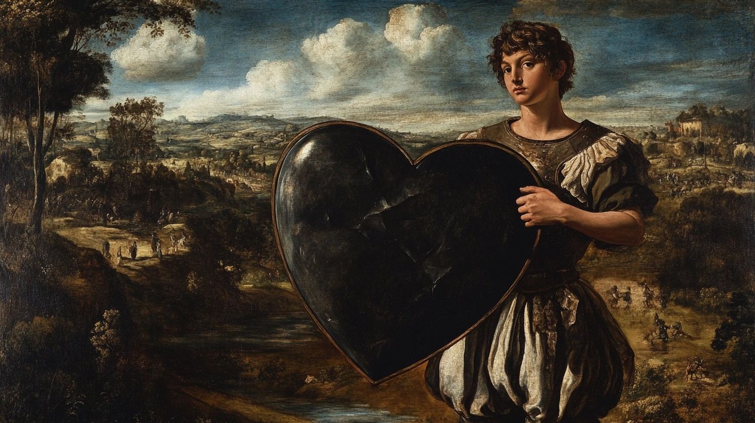 a young heroic male wearing baggy trousers at a medieval battlefield, holding a large black heart-shaped shield, oil painting mural by Michelangelo