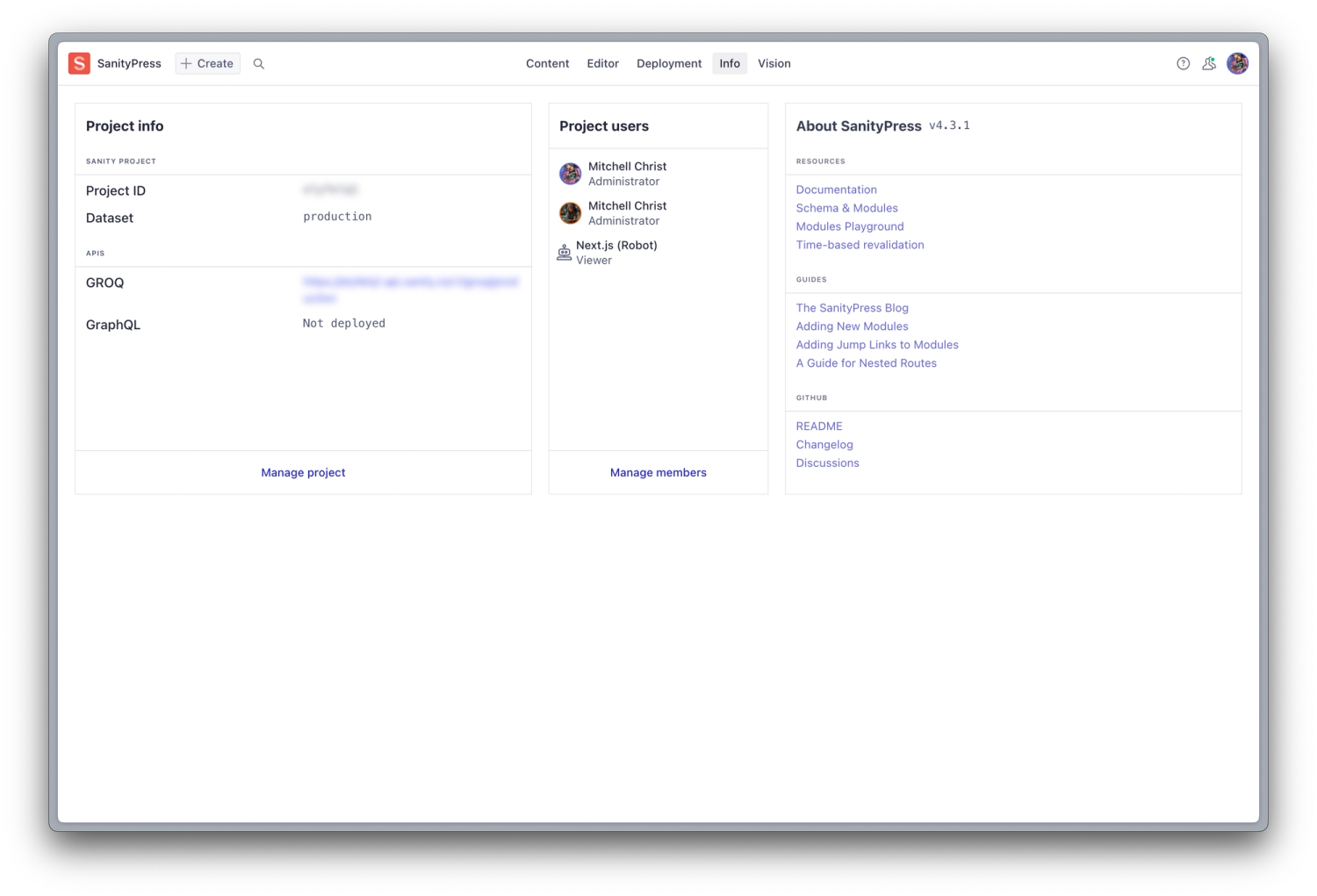 View of project info, project users and an About SanityPress widget