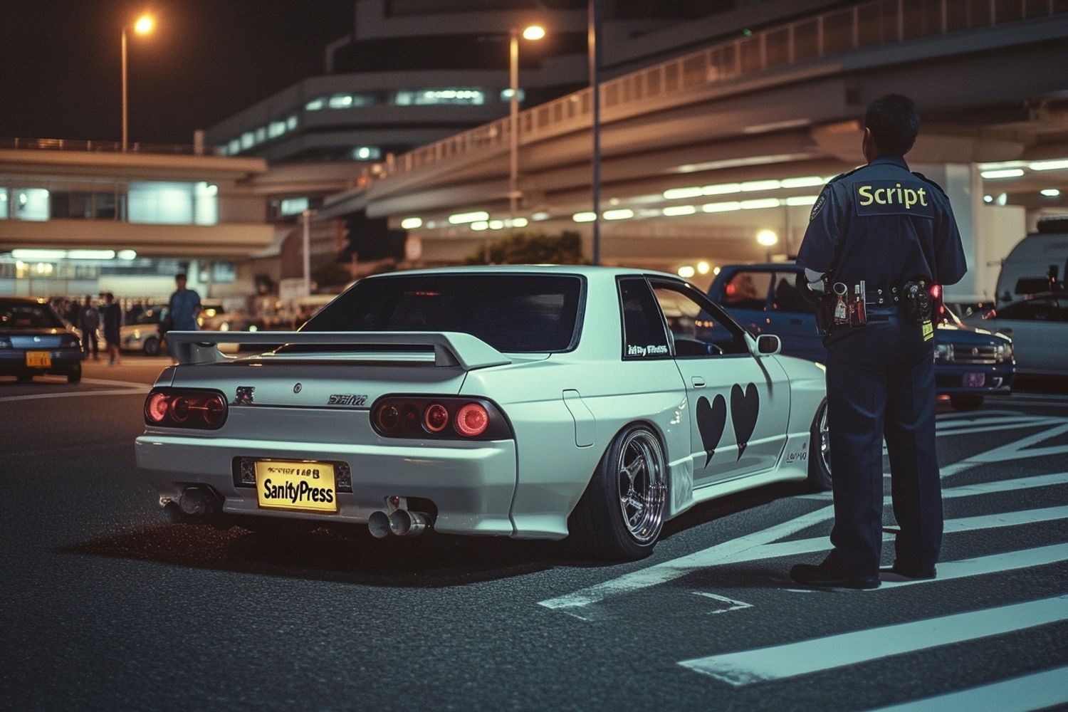 heavily modded white JDM Nissan R33 Skyline with black heart patterns and underbody lights, with the logo "SanityPress", in the streets of Daikoku parking lot at night, Nikon film