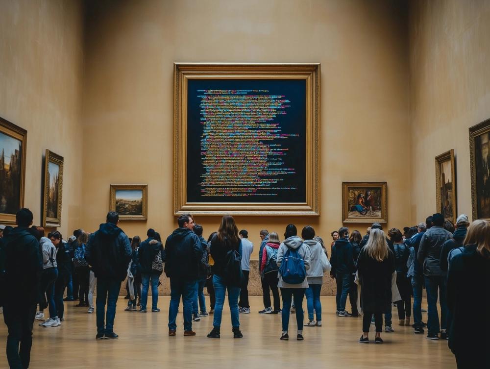 LCD screen of colorful frontend web developer HTML code framed inside the Louvre museum, bystanders intrigued by the lines of code, Hasselblad