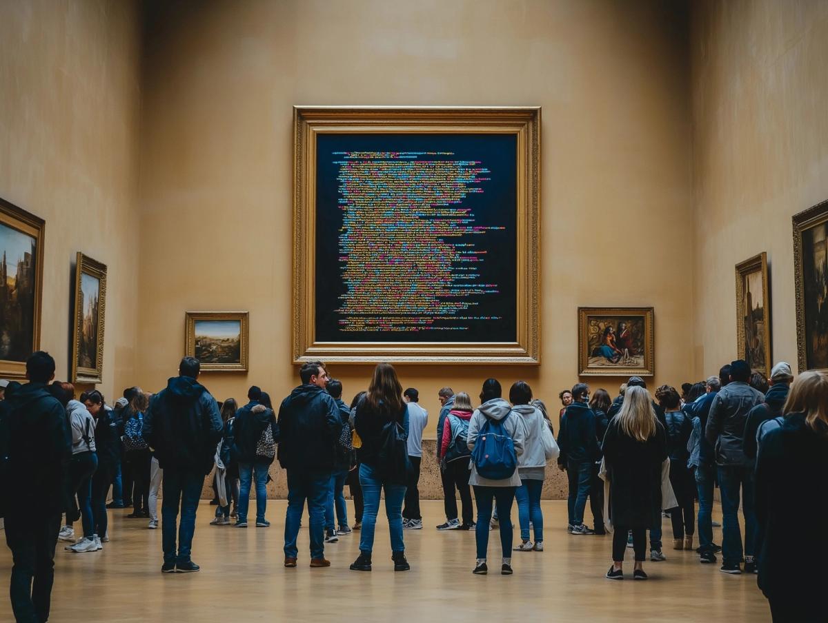 LCD screen of colorful frontend web developer HTML code framed inside the Louvre museum, bystanders intrigued by the lines of code, Hasselblad