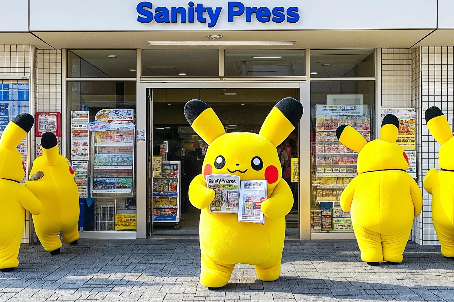 one fat pikachu costume walking out of a Japanese convenience store holding a magazine with the text "SanityPress" in Tokyo Japan, broad daylight, Hasselblad