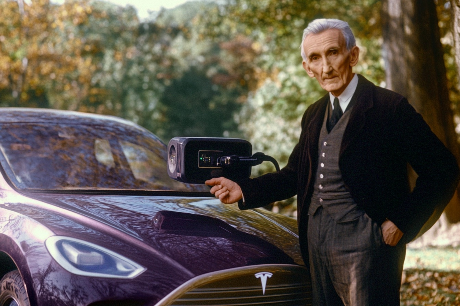 old 70-year old Nikola Tesla posing next to a 2024 Tesla Model X Car, aged colored daguerrotype