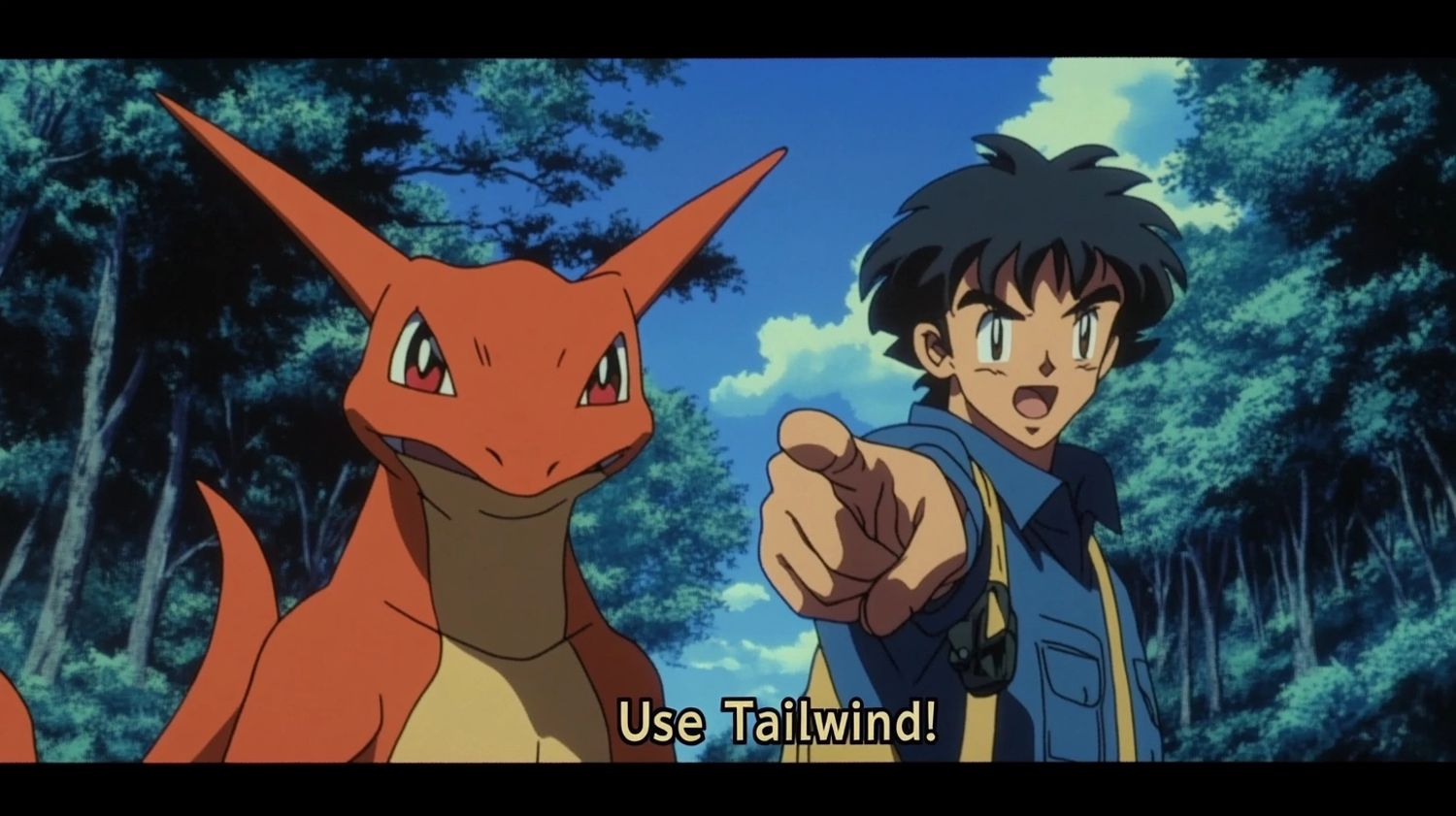 a pokemon trainer pointing at Charizard, with the caption text "Use Tailwind!" in a forest path with blue skies, 90s film screen grab