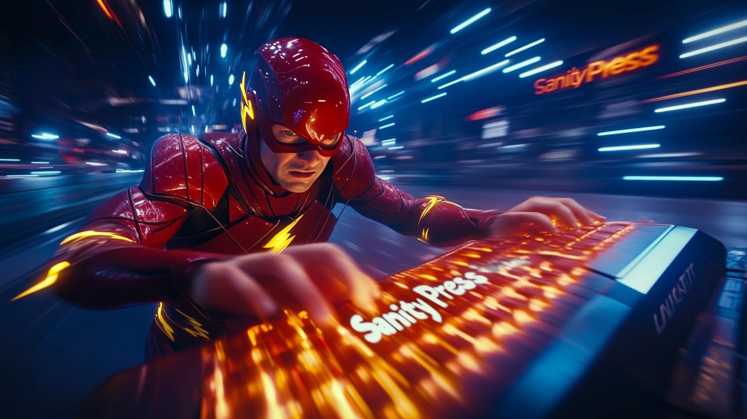 The Flash wearing his spandex suit, enraged and typing a futuristic computer keyboard with the text "SanityPress" in hyperspace and lightspeed, epic dynamicism and motion blur, Marvel film still