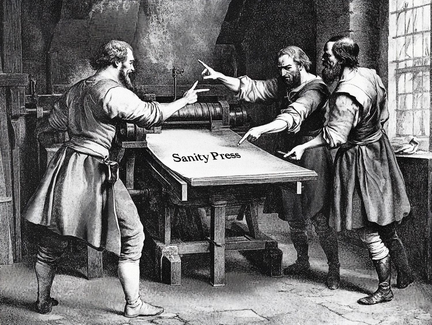 3 men aggressively pointing fingers at each other, next to a printing press printing the large gothic text "SanityPress" during industrial revolution, 1700s engraving